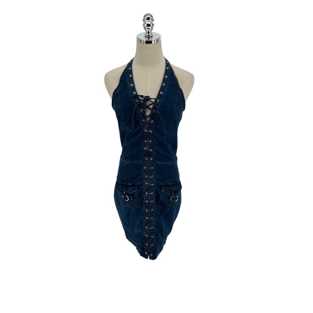 Bebe Denim Halter Dress Size 8 Lace Up Corset Front Cargo Pockets Y2K Bodycon